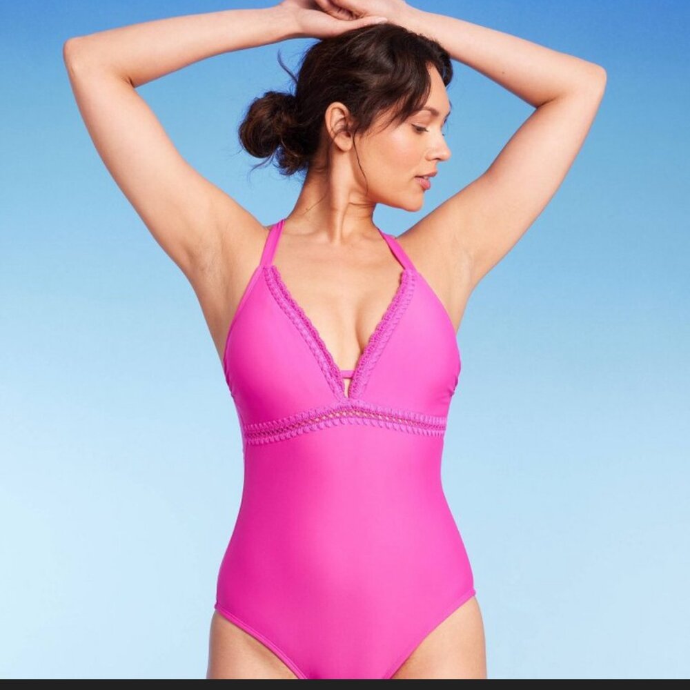 Kona Sol Crochet Shell Stitch Women's Barbie Pink One Piece Swimsuit Sz:M